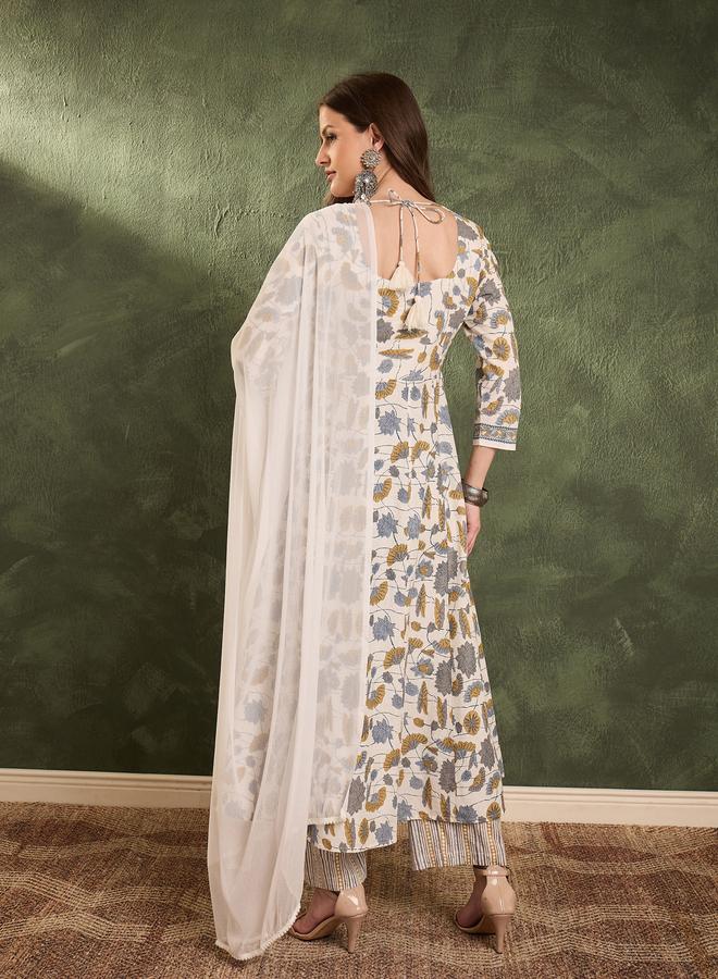 SASSAFRAS Women Off White Floral Anarkali Kurta with Pants and Dupatta Set - Image 5
